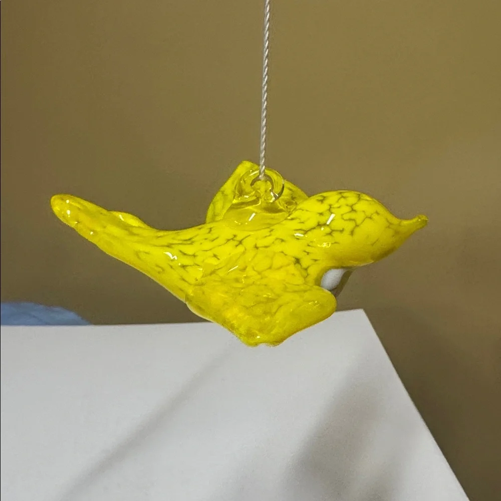 Bird Hanging Ornament yellow and white speckled glass handblown 4” long